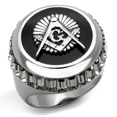 Mens Masonic Mason Lodge Ring in Stainless Steel with Black Emerald Cut Crystal Stones