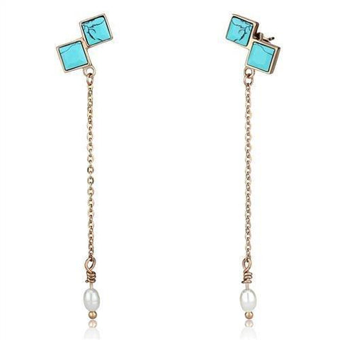 Rose Gold Plated Stainless Steel Earrings with Synthetic Turquoise in Sea Blue