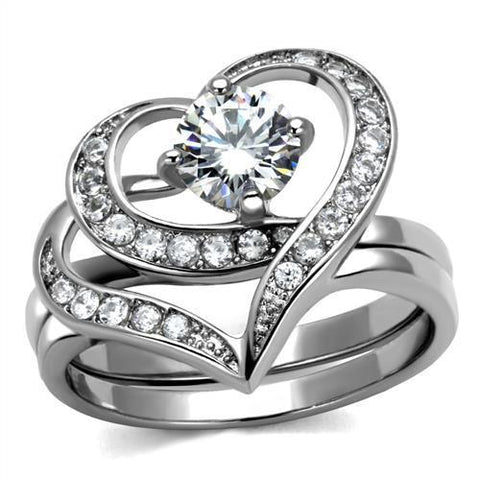 Women's Heart Shaped Wedding Engagement Ring Stainless Steel Ring with AAA Grade Clear CZ