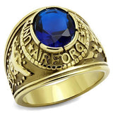 Men's Yellow Gold Plated United States Air Force Class Style Ring Stainless Steel Sapphire Blue Color Stone