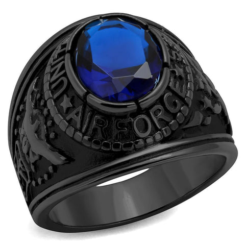 Men's United States Air Force Military Ring in Stainless Steel Black Plated with Blue Stone